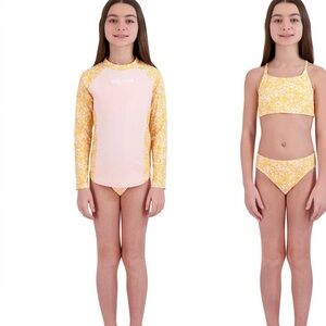 Volcom Girls 3-Piece  Pink Rash Guard with Yellow Floral Bikini Set